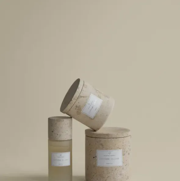 Duftkerze -FRABLI- Farbe Travertin - Größe L, Duft: Cotton Island